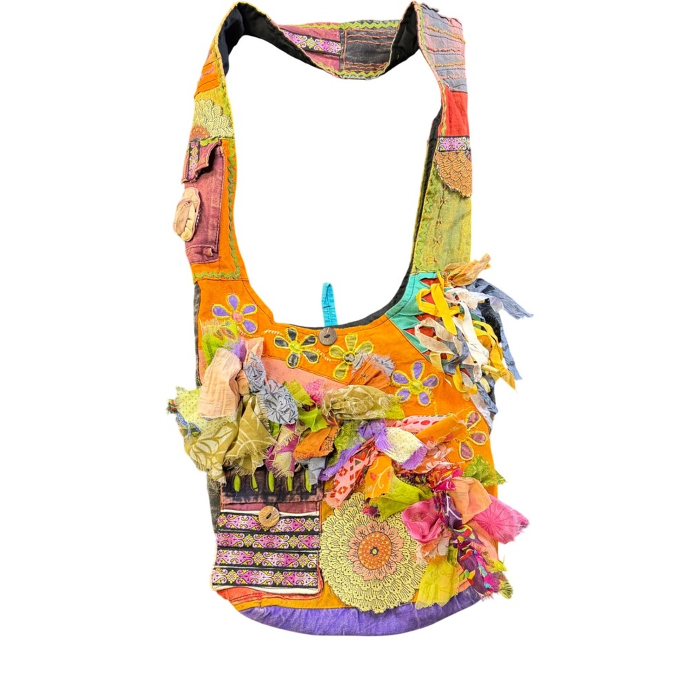 Fairycore Boho Patchwork Hobo Bag Floral Embroidery Ribbon Fringe Crossbody